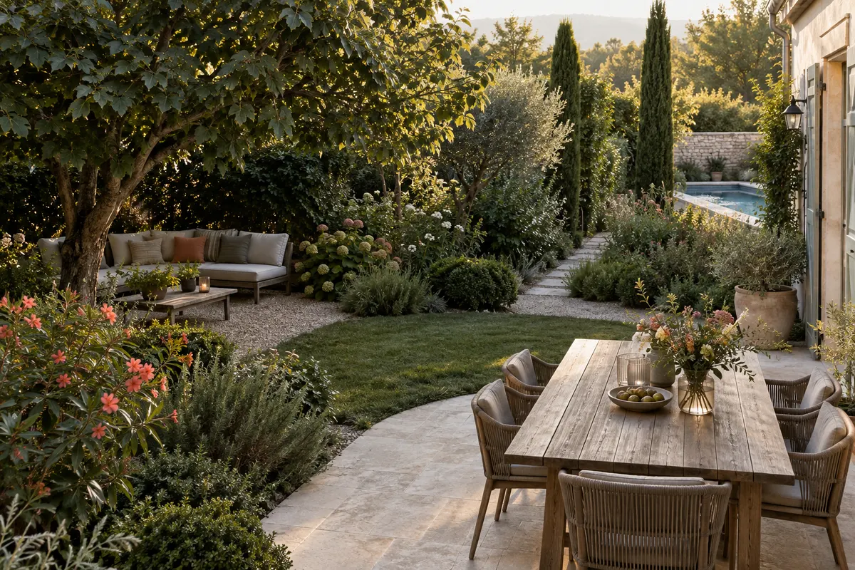 Jardin résidentiel organisé en plusieurs zones de vie